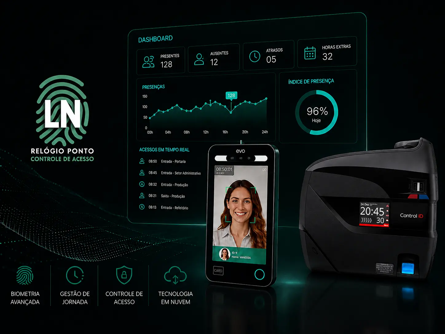 Painel de gestão de ponto LN com biometria, reconhecimento facial e dashboard em tempo real